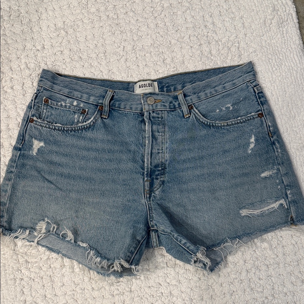 Agolde Light Blue Distressed Denim Jean Shorts